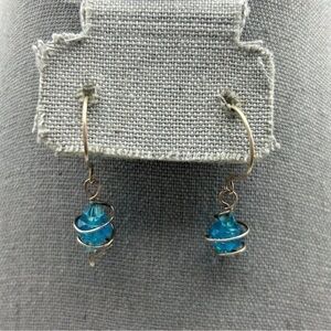 Boho Sterling Silver 925 Spiral Wrapped Blue Speckled Beaded Dangle Earrings